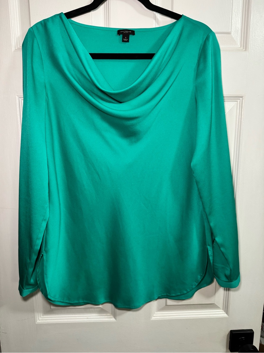 Ann Taylor Teal Draped Cowl Neck Long Sleeve Blouse